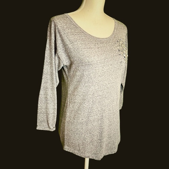 J. Crew Heathered Gray Crystal & Sequin Bejeweled 3/4 Sleeve Tee Shirt Size XS - Picture 4 of 11